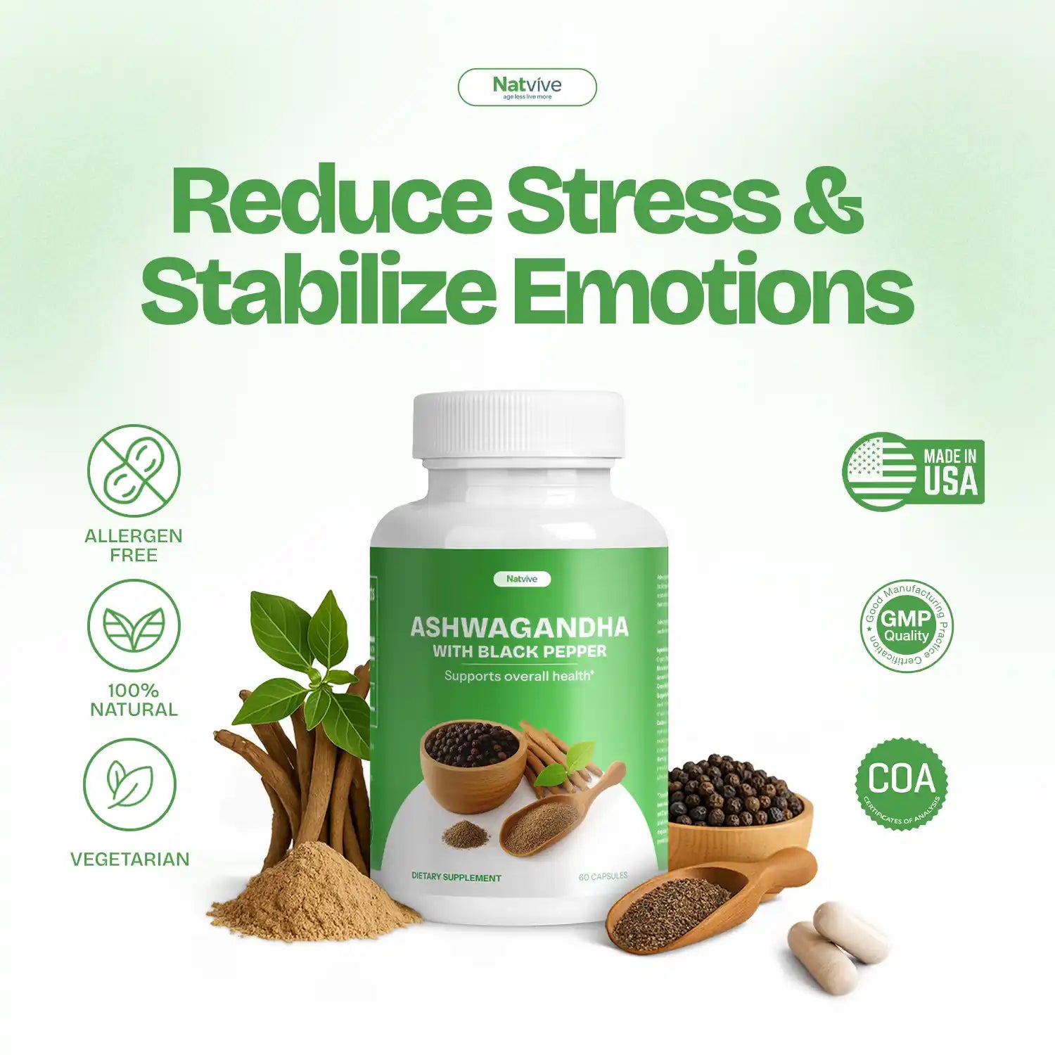 Ashwagandha with Black Pepper | Promote Calm & Emotional Balance | 60 Capsules